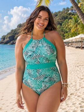 NWT Sea & Sand Tummy Control Botanical Palm Print Halter One Piece Swimsuit 20W